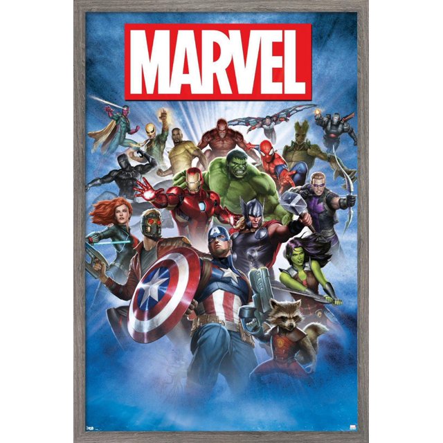 Marvel Comics - Group Shot Wall Poster, 22.375" x 34" featuring a glossy print of Marvel superheroes including Captain America with shield, Iron Man, Hulk, Thor with hammer, Spider-Man, Black Panther, Black Widow, Star-Lord, Rocket Raccoon, Groot, Hawkeye, Scarlet Witch, and War Machine on a blue background with radiant light beams, ideal for bedroom or office wall decor.