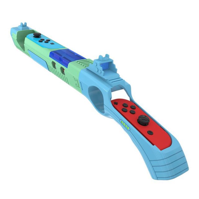 Compatible avec Nintendo Switch/OLED Manette Joystick Ergonomique à Poignée de Pistolet, Accessoire de Jeu en Plastique ABS Bleu et Vert Conçu pour les Manettes Joy-Con. les Fonctionnalités Incluent un design Détachable en Forme de Pistolet, un Rangement Intégré pour jusqu'à 4 Cartes de Jeu Nintendo Switch, et un Bouton de Déclenchement Linéaire Optimisé pour les Jeux FPS et RPG. Offre un Confort Ergonomique et un Retour tactile Amélioré pour des Séances de Jeu Prolongées.