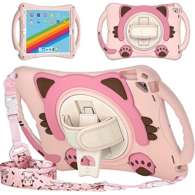 iPad 10.2 7th 8th Gen, Heavy Duty Rugged Protection Cute Kid-Friendly Case Cover Stand/Shoulder Strap for Apple iPad 10.2