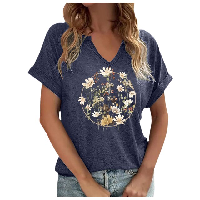 Hauts d'Été pour Femmes Manches Courtes Chemises Imprimées Décontractées Boutonnées Col Rond Blouses de Travail T-Shirts pour Femmes D TG