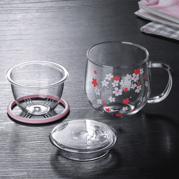 2X Sakura Mug Glass Mug with Tea Infuser Filter&Lid Cherry