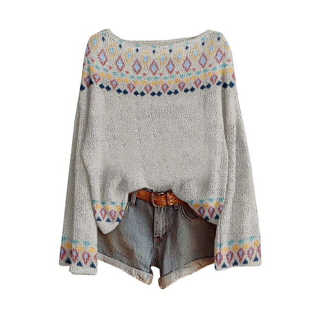 WTXUE Chandail Décontracté Léger Vintage Fair Isle pour Femmes, Manches Raglan, Col Rond, Tricoté, Imprimé Artistique, Chandail à Enfiler, Chandails Confortables et Chauds d'Automne, Hauts Bohèmes Tendance Western, Chemisiers Habillés Décontractés, Blanc 3TG