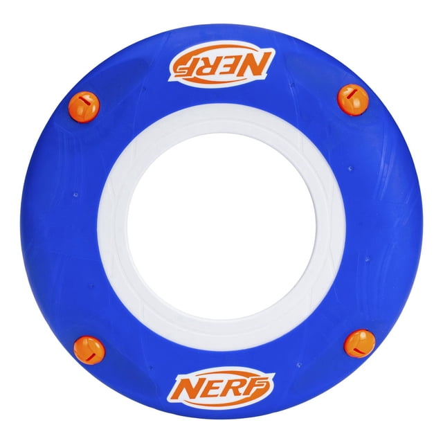 Nerf 11" Sonic Slinger soft flying disc with a blue outer ring, white center, and four orange whistles that howl when thrown, featuring the Nerf logo in orange and white, lightweight and designed for indoor and outdoor active play.