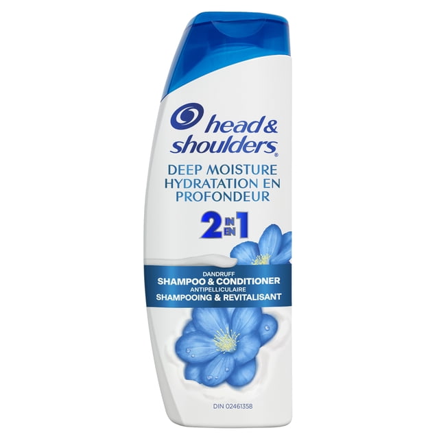 Head & Shoulders Deep Moisture 2-in-1 Anti-Dandruff Shampoo + Conditioner bottle with white curved body and blue flip-top cap, featuring blue floral graphics and bilingual text highlighting moisturizing formula and dandruff protection for scalp care.