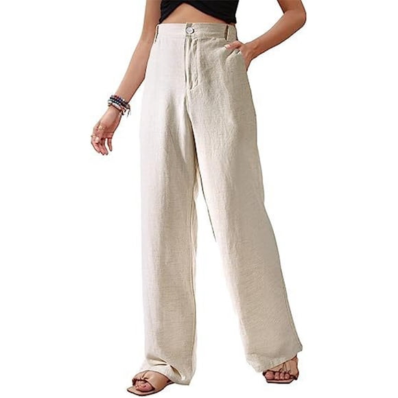 bbymog Wide Leg Trousers Women Cotton and Linen Long Pants Summer Solid Color High Waisted Flowy Pants Casual Loose Beach Pants for Women Beige L