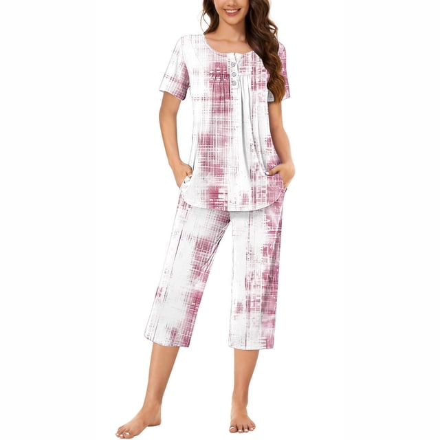 Rbaofujie Pyjama pour Femmes, T-Shirt de Nuit à Col Rond Imprimé à Manches Courtes et Ensemble Pantalon, Tenue d'Intérieur, Pyjamas avec Poches, Pyjamas de Noël pour la Famille