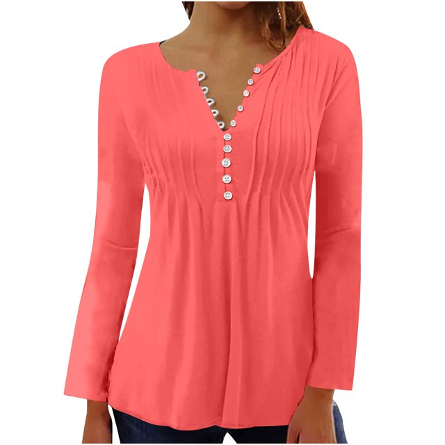 HKEJIAOI Polyester Manches Longues Haut Uni Femme Boutonné Col Rond Coupe Classique