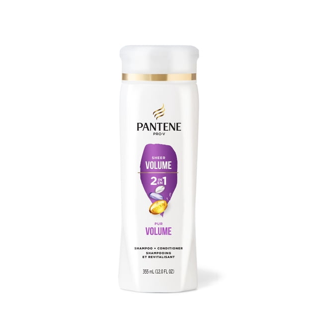 PANTENE PRO-V Volume et Corps Shampooing + Revitalisant 2 en 1 en Bouteille Blanche de 355 ml avec Bande Dorée Près du Bonnet et accents Étiquette Violette, Formulé pour Offrir un Volume Durable et une Nutrition Légère pour Cheveux Fins Ou Fins, Sécuritaire pour les Cheveux Colorés.