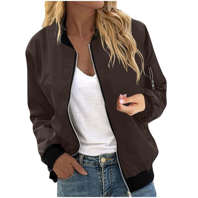 Womens Fashion Jacket Casual Stand Collar Zip Up Lightweight Coat Fall Color Block Jackets with Pockets Brown XL