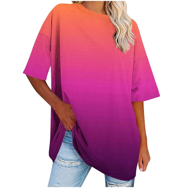 Kaemgyyd Womens Oversized T Shirts Half Sleeve Crewneck Gradient Summer Tops Casual Loose Plus Size Basic Tees