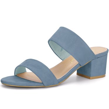 BLISSFUL STEP Women's Shoes Dual Straps Mid Chunky Heel Slide Sandals Haze Blue 7.5