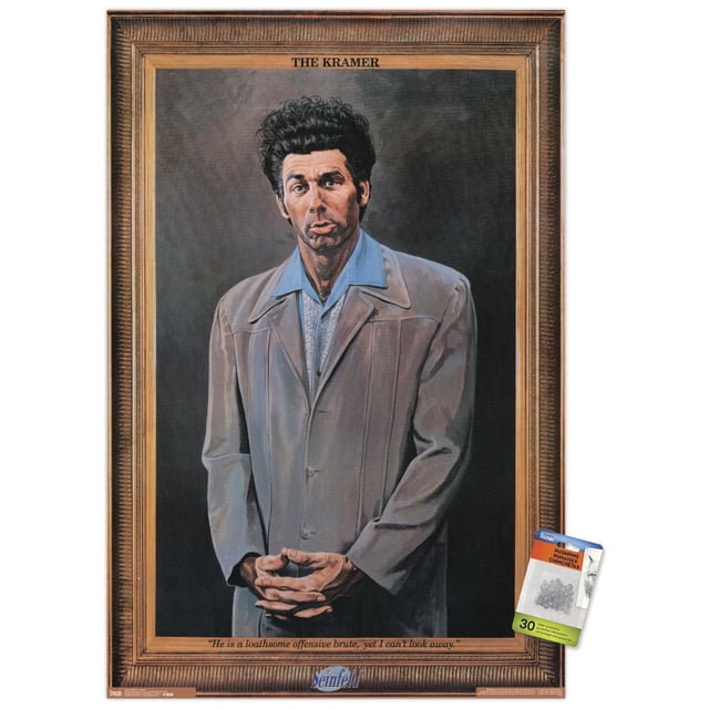Seinfeld - Kramer Wall Poster, 22.375" x 34" featuring a framed portrait of Kramer wearing a light brown jacket over a blue collared shirt, standing with hands clasped against a dark background, titled 'THE KRAMER' with a quote below reading 'He is a loathsome offensive brute, yet I can't look away.' This wall art print is ideal for home décor, dorm rooms, and office spaces.