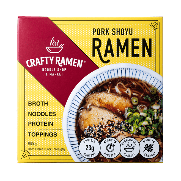 Ramen shoyu au porc Ramen congelé de qualité restaurant - 500g, 23g de protéines par portion. Comprend: bouillon, nouilles, protéine, garnitures. Prêt en quelques minutes.
