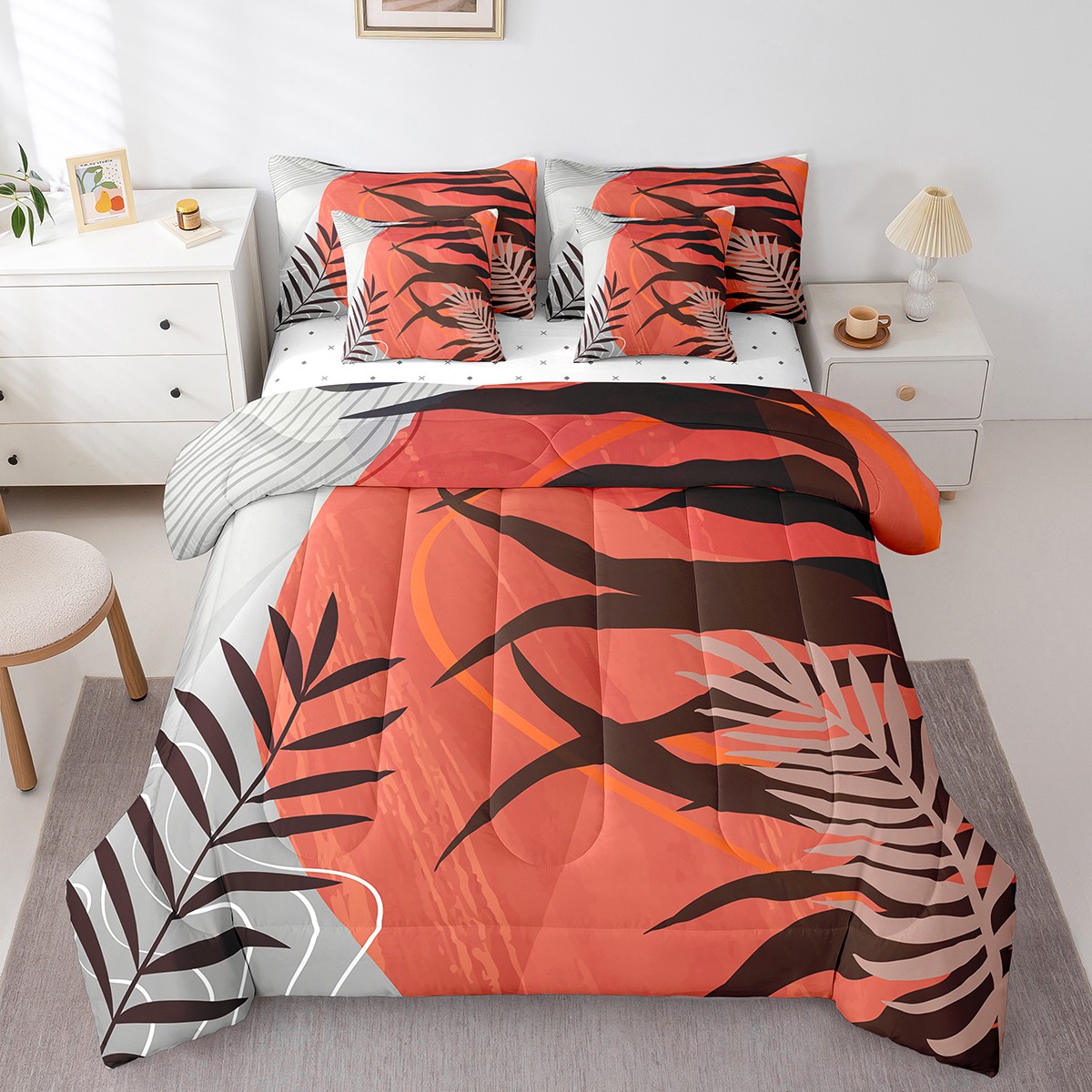 YST Abstract Geometry Bed in a Bag, 7-Piece, Aesthetic Minimalist Bedding Set, King Size Comforter Set