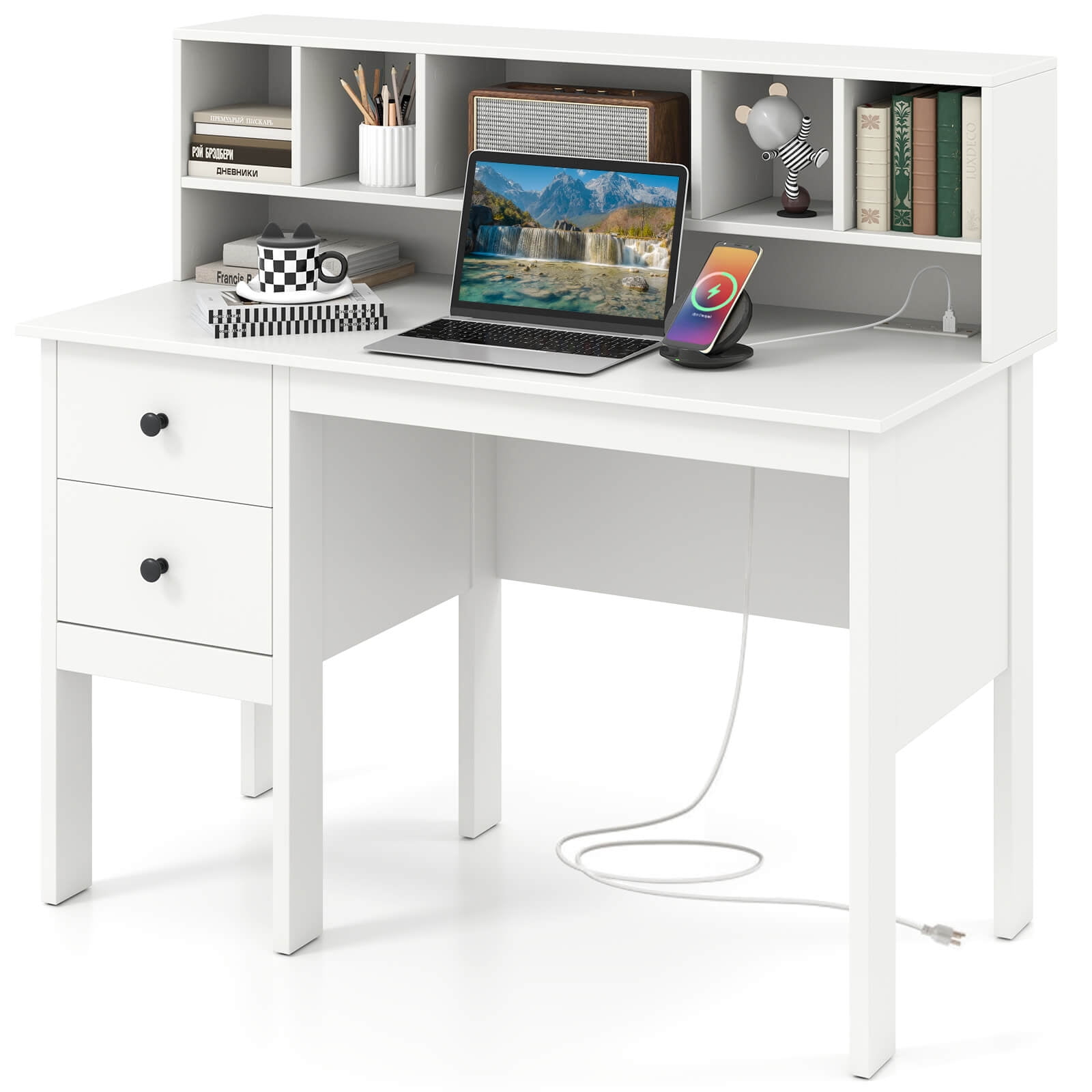 Costway Computer Desk 48" Writing Table w/ Power Outlets 5-Cubby Hutch 2 Storage Drawers