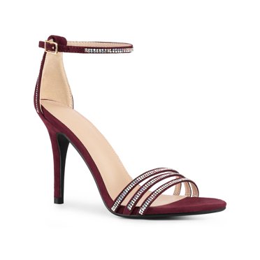 BLISSFUL STEP Sandales à Talons Aiguilles pour Femmes à Bout Rond avec Bride à la Cheville Ornée de Strass Bourgogne (Taille 8,5)