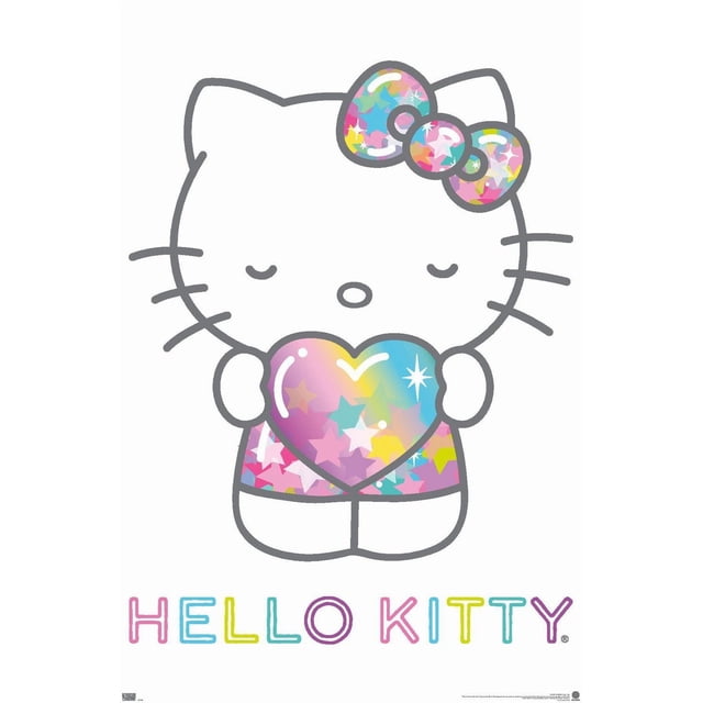 Hello Kitty: 20 Starshine - Heart Wall Poster depicting a front-facing Hello Kitty holding a glossy, multicolored heart with star patterns, wearing a matching star-patterned bow and dress outlined in gray on white, with colorful 'HELLO KITTY' text below, suitable for bedroom or kid's room decor.