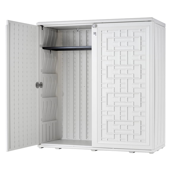KFFKFF Outdoor Storage Shed 8 Cu Ft Waterproof Resin Storage Cabinet White, for Garage, Backyard Patio Accessories & Garden Tools, Outside Lawn Mower Shed with Adjustable Shelf