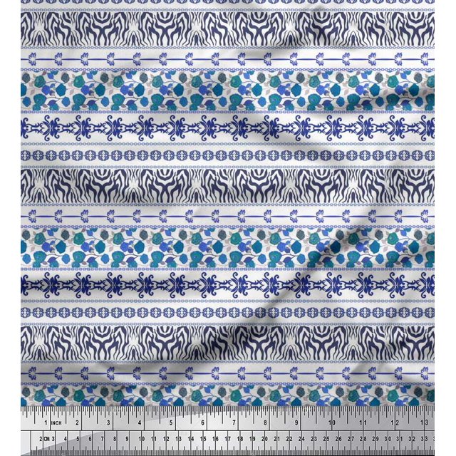 Soimoi Blue Silk Fabric Rose & Wild Animal Skin Patchwork Print Fabric by Yard 42 Inch Wide