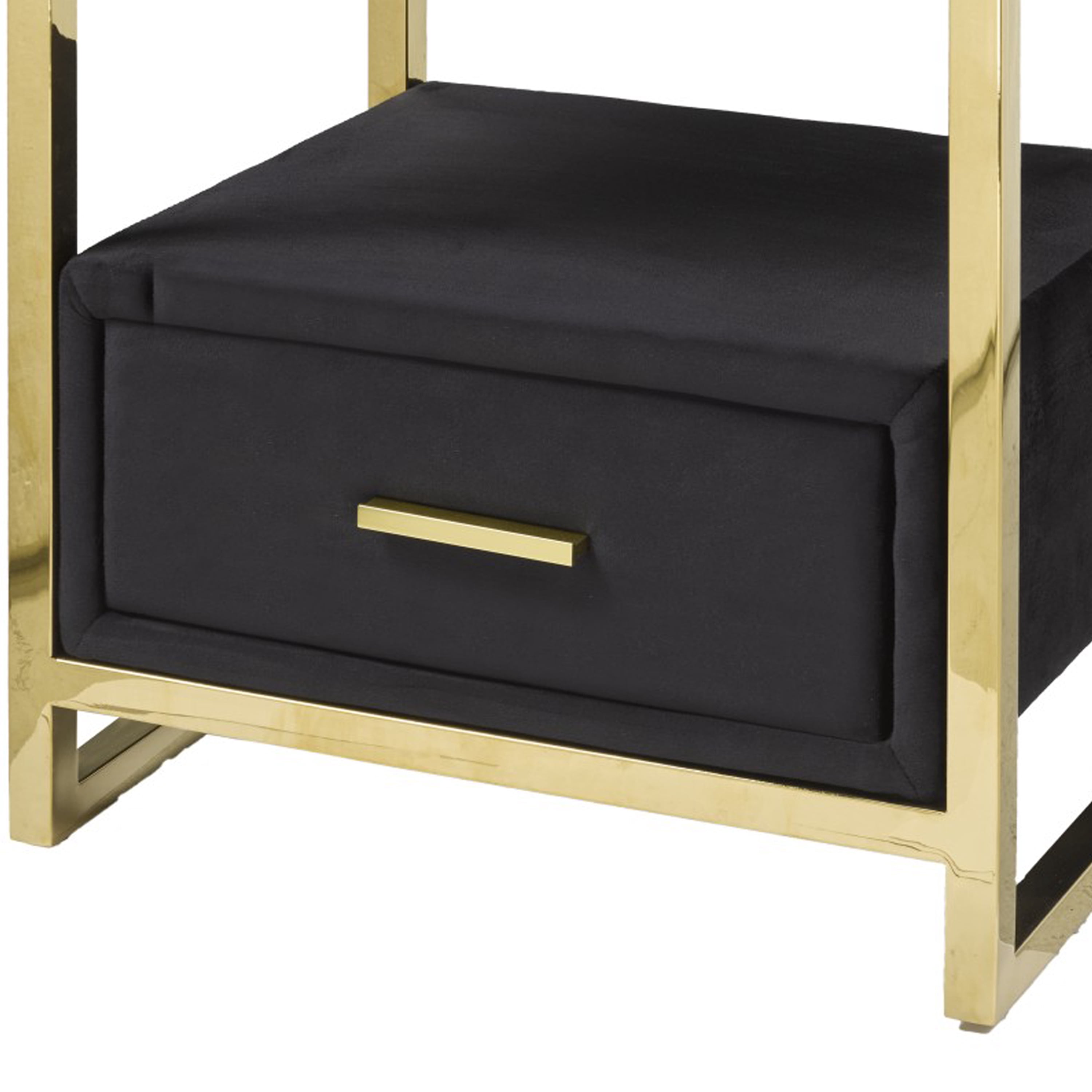 Brassex Adam Table de nuit moderne luxe pour chambre avec dessus en verre, tiroir rembourré et structure en métal doré, noir/or