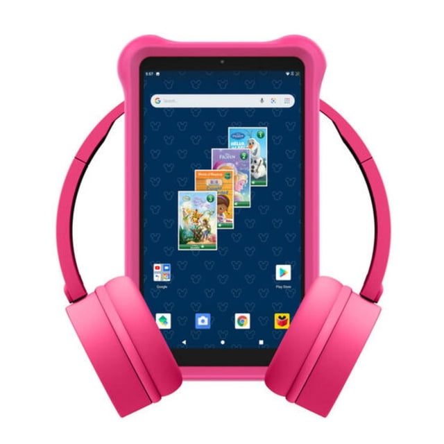 Smartab 7” Disney Kids Tablet with Accessory Bundle in pink, featuring a protective foam bumper and foldable child-safe on-ear headphones, displaying a 7-inch IPS touchscreen with Disney classic read-along books for safe educational entertainment.