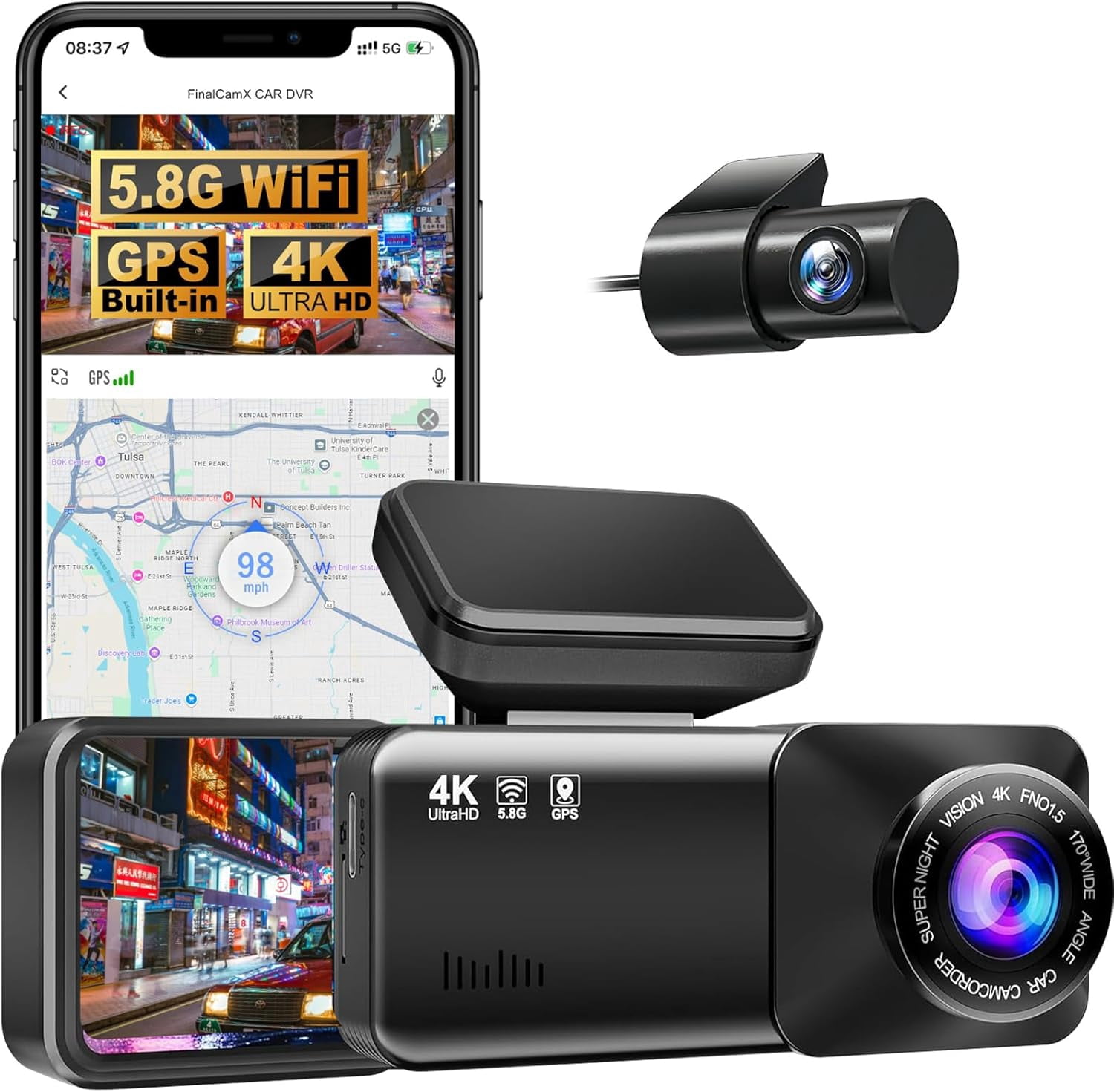 𝑶𝒔𝒎𝒐 Dashcam Pro 4K Wireless Car Dashcam Front Rear, 5.8GHZ WiFi, GPS, Free 64GB Card, Dash Cam with 24H Parking Monitor, Time-Lapse,Loop Recording