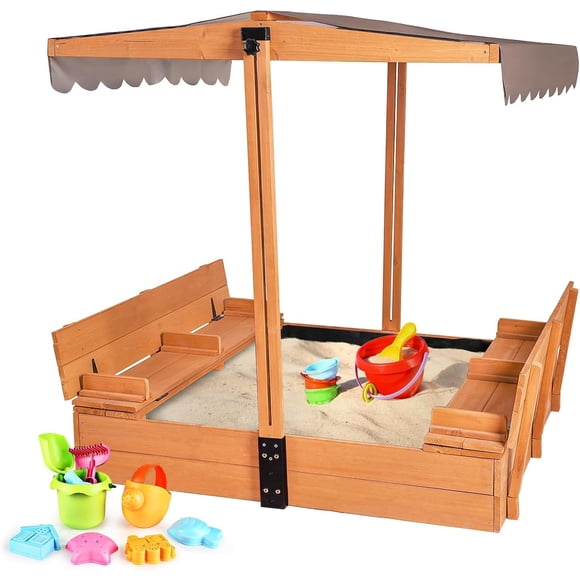 Aivituvin Bac à Sable d'Extérieur avec Auvent Résistant aux UV, Bac à Sable avec 2 Sièges Pliables, Longueur 47"x47 Pouces