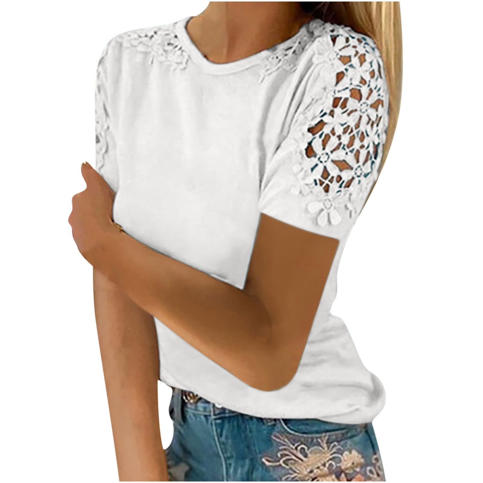 Women Ladies Solid Short Sleeve Round Neck Pullover Lace Tops Shirts Blouse