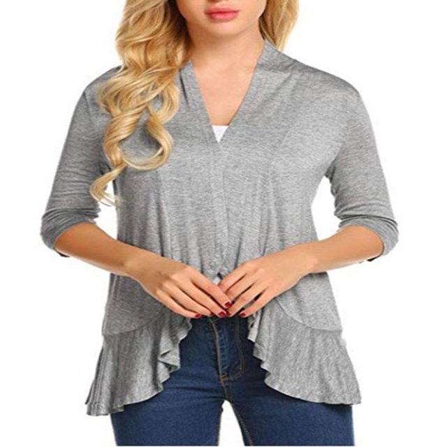 Women Ruffle Hem 3/4 Sleeve Cardigan Open Front Knit Sweaters Coat Solid Lightweight Basic Outwear Light gray 2XL