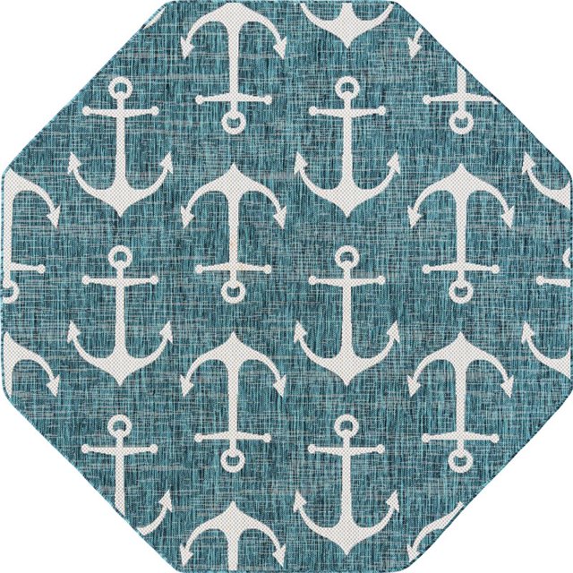 Unique Loom Outdoor Coastal Nautical Beach Rug 5' 3 x 5' 3 Octagon Teal/Ivory