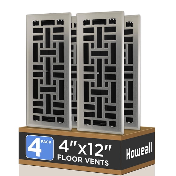 Howeall 4x12 Inches 4 Pack Heavy Duty Walkable Floor Register - Easy Adjust Air Supply Lever Decorative Floor Vent Covers, Seattle Design Vent Covers for Home - Satin Nickel