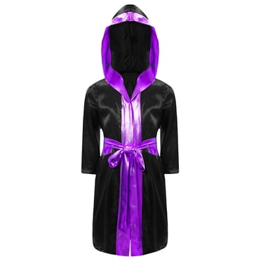 inhzoy Kids Boys Long Sleeve Boxing Robe Uniform Kick Boxing Martial Art Muay Thai Training Hooded Robe and Belt Set Black&Purple B 6