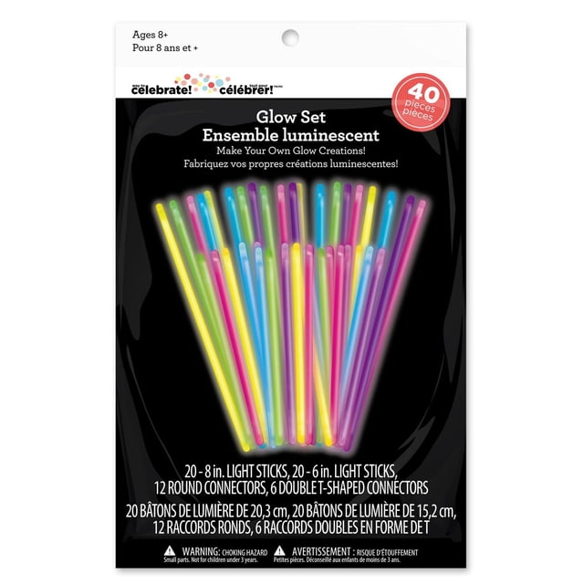 Way to Celebrate! Multicolor Make Your Own Glow Creations Glow Set, 40 Pieces, containing 20 eight-inch and 20 six-inch multicolor glow sticks with 18 plastic connectors on black packaging, ideal for birthday party favors and suitable for ages 8 and up.