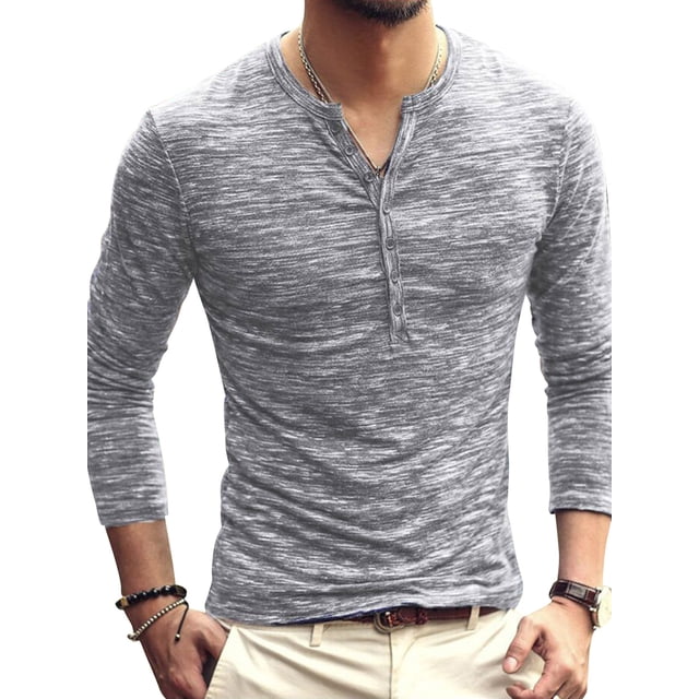 Haut pour Homme à Col Rond avec Boutons, Blouse T-Shirt Homme Décontracté à Manches Longues, Coupe Ajustée, Gris Pâle, TTG