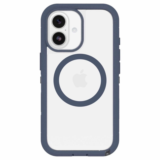 OtterBox Defender Pro XT Clear MagSafe Case w/Camera Control Bootcut in blue for iPhone 17, front view of a clear dual-layer protective case with blue rubber edges, raised lips for screen and camera defense, integrated MagSafe magnet ring, dust-blocking port covers, and a pressure-fitted frame for enhanced drop protection.