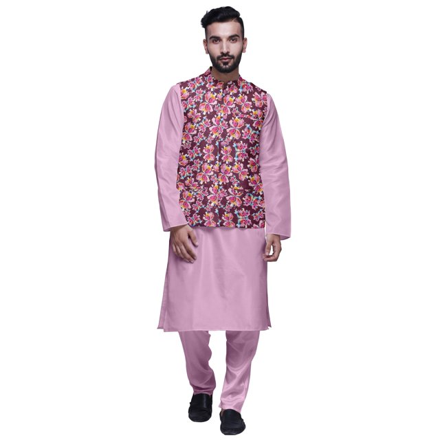 Atasi Solid Kurta Pajama & Printed Nehru Jacket Set for Mens Party Wear