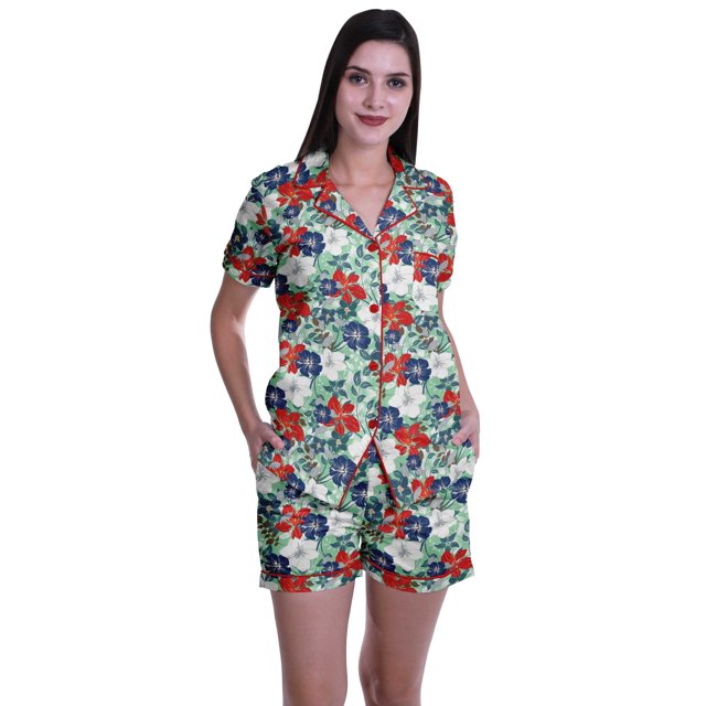 Moomaya Pyjama pour Femmes Imprimé, Ensemble Deux Pièces à Col Cranté avec Short