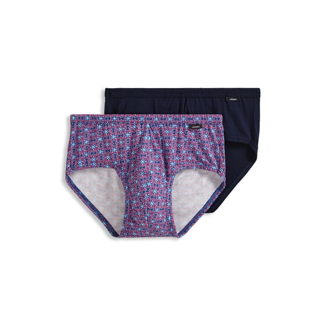 Jockey pour Hommes Elance Slip Poco - Lot de 2 Présentant Deux Culottes Taille Basse. une Culotte a un Motif Géométrique Multicolore vibrant, l'Autre Est Unie Bleu Marine. Fabriquée en 100 % Coton, Ces Culottes Offrent un design Anti-Vol, une Ceinture Recouverte de Tissu et un Panneau avant Double Doublure pour Confort et Soutien. Idéal pour le Port Quotidien.