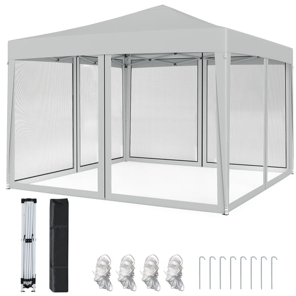 Gymax 10 FT x 10 FT Pop-Up Canopy Tent w/ Mesh Netting Carry Bag 8 Stakes & 4 Ropes Beige