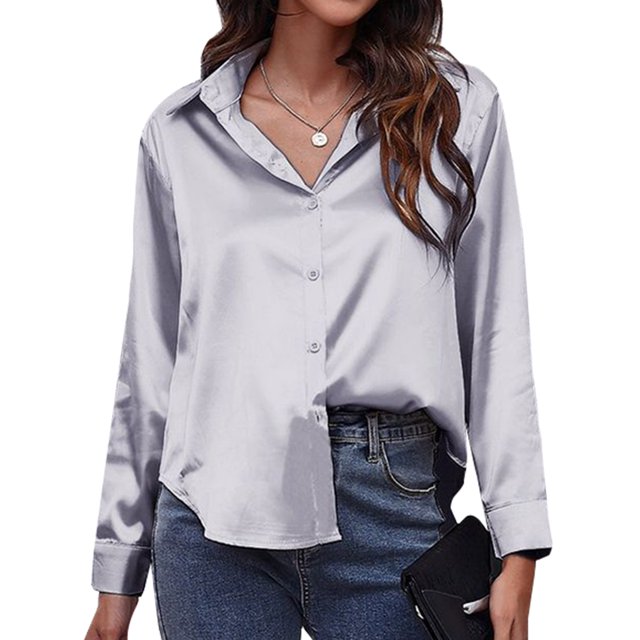 Innerwin Tops Lapel Neck Women Shirts Work Button Down Single Breasted Blouse Gray S