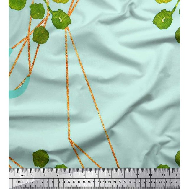 Soimoi Silk Fabric Leaves & Ranunculus Floral Printed Fabric 1 Yard 42 Inch Wide