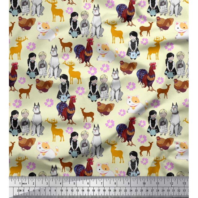 Soimoi Cotton Duck Fabric Reindeer,Hen & Cock Bird Print Fabric by The Yard 56 Inch Wide