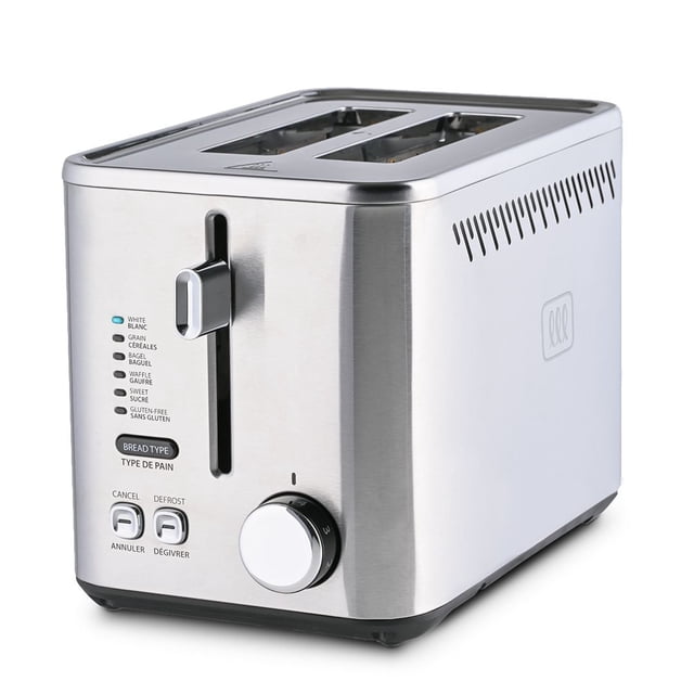 Toastmaster 2 Slice Toaster, Stainless Steel, TM-265TSCN, angled front view showing brushed stainless steel body with dual wide slots, adjustable browning control knob, lever, cancel and defrost buttons, and bread type settings for white, grain, bagel, waffle, sweet, and gluten-free bread, ideal for toasting various bread types and frozen items.