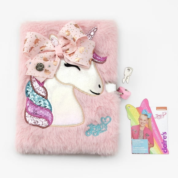 Claire's JoJo Siwa Unicorn Diary Notebook - Pastel Pink Fuzzy Cover Lined Paper Girls Diary with Lock and Key Cute Notebook Writing Journal for Kids
