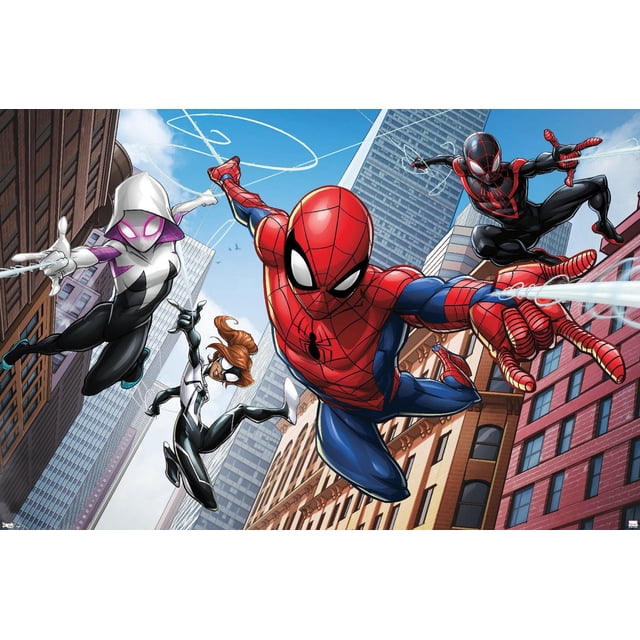 Marvel Comics - Spider-Man - Web Heroes Affiche Murale, 22,375 Pouces x 34 Pouces Représentant Spider-Man dans Sa Combinaison Rouge et Bleue Se Balançant à Travers un Paysage Urbain avec de Hauts Bâtiments, Accompagné de Spider-Gwen en Blanc et Noir avec accents Roses, Spider-Woman en Noir et Blanc, et Miles Morales Spider-Man en Noir et Rouge, le Tout dans des poses Dynamiques de Toile Se Balançant contre un Ciel Bleu Vif, Convenant à une Déco Intérieure Vibrante Ou à une Décoration