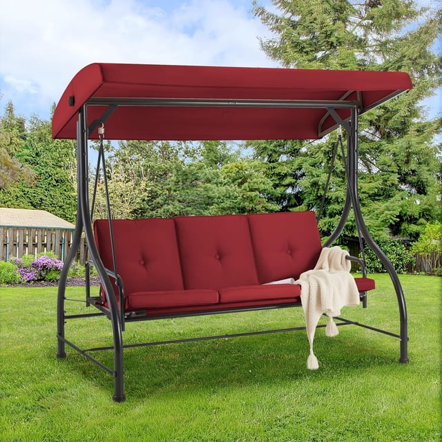 YODOLLA 3 Person Canopy Steel Porch Swing, Converting Swing Glider Hammock-Red