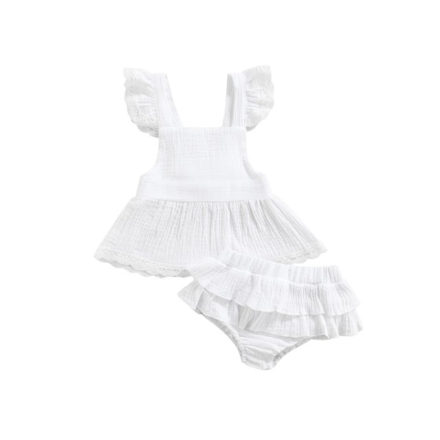 Honganda Ensemble Robe Bébé Fille, Ourlet en Dentelle Décor Jupe à Volants et Shorts