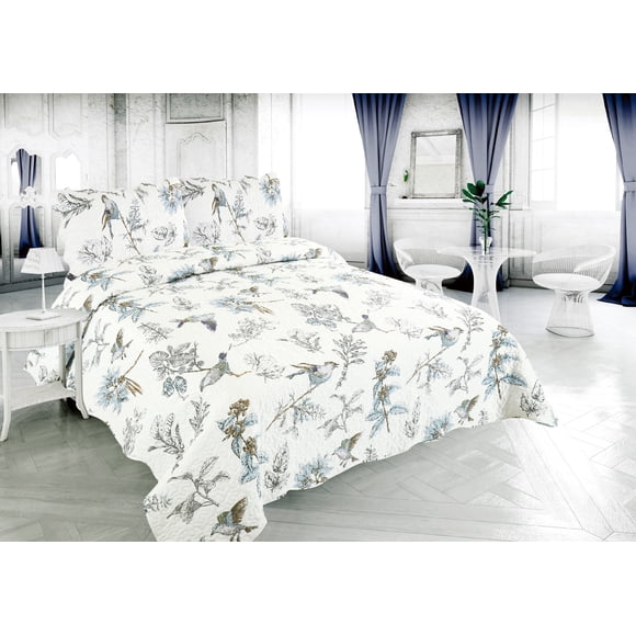 Marina Decoration Couvre-lit imprimé riche, couvre-lit ultra doux pour l'été, ensemble de literie avec taie d'oreiller matelassée, motif moderne d'oiseaux et de feuilles