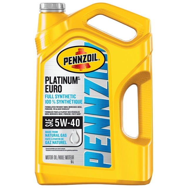 Pennzoil Platinum 5W40 Euro 5L yellow plastic motor oil container with built-in handle and silver cap, full synthetic formula made from natural gas, formulated for European vehicles including BMW, Mercedes-Benz, Porsche, VW, and Audi, suitable for high-performance gasoline and light-duty diesel engines.