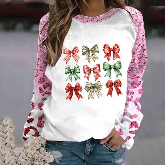 TIMIFIS Chandail de Noël pour Femmes, Mode d'Hiver, Chandail à Col Rond Imprimé avec Nœud Papillon, Chandail Décontracté à Manches Longues, Chandail à Enfiler, Hauts, Cadeaux pour Femmes pour Noël